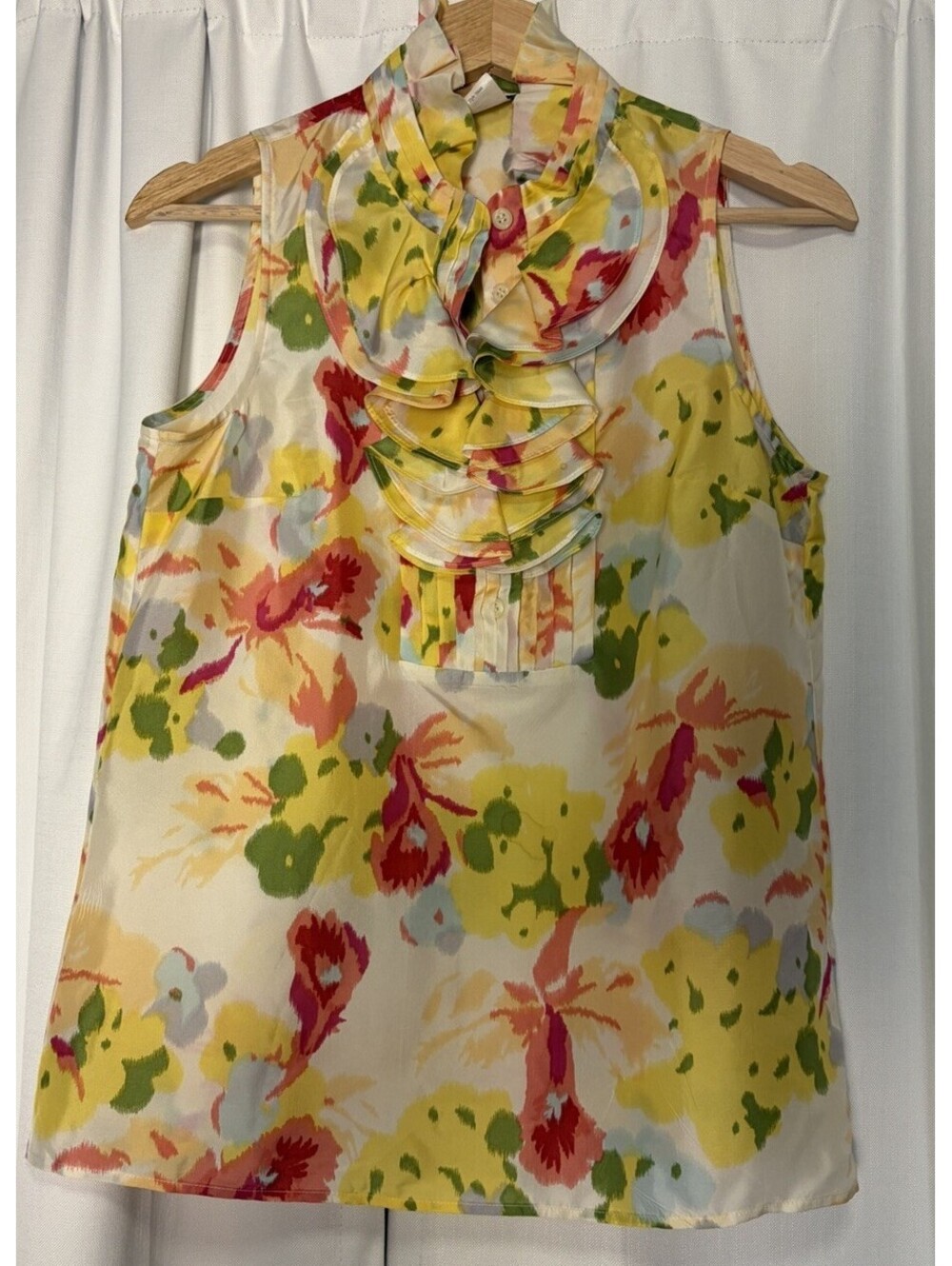 J. Crew 100% Silk Floral Sleeveless Green Gray Ruffle Collar Button Up Blouse 2